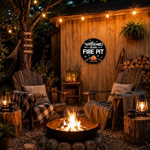 Smile Camping Wooden Round Door Hanger, Welcome to Our Fire Pit Campfire Music Note Arrow Door Sign for Outdoor Patio Porch Backyard Home Decorations