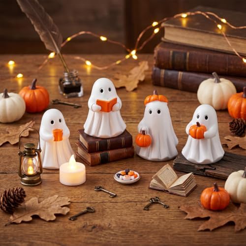 Leinuosen 4 Pcs Halloween Ghost Figurines Table Decor Ghost Drink Pumpkin