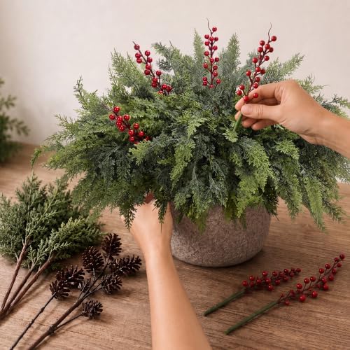 12 Artificial Christmas Cedar Branches, 17.5", with 3 Red Berry Picks