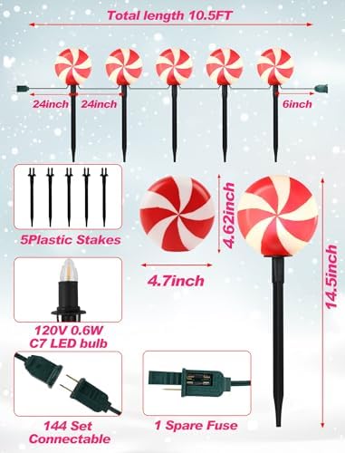 Set of 5 Large Christmas Candy Cane Yard Stakes, Professional-Grade Outdoor Peppermint Decorations with C7 LED Lights, Heavy-Duty Holiday Light Stakes for Walkway, Lawn & Driveway