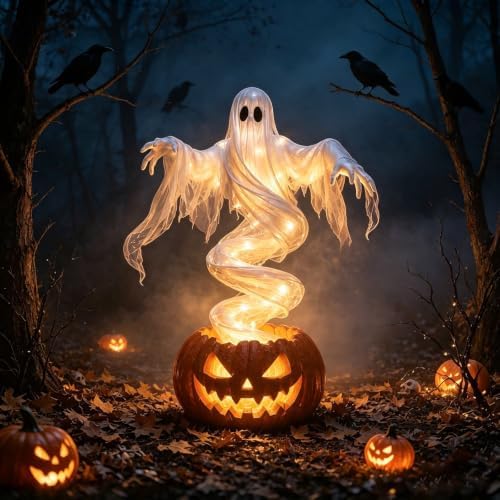 Swirling Ghost Pumpkin Light, Warm‑Glow LED Lighted Spooky Ghost Statue