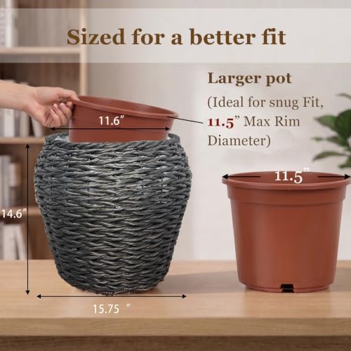 Large Handwoven Wicker Planter Basket with Metal Frame and Plastic Liner