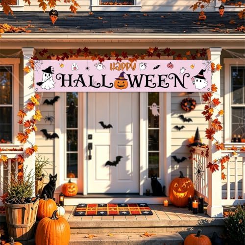 Happy Halloween Banner Outside Halloween Decorations Pink Yard Party Sign
