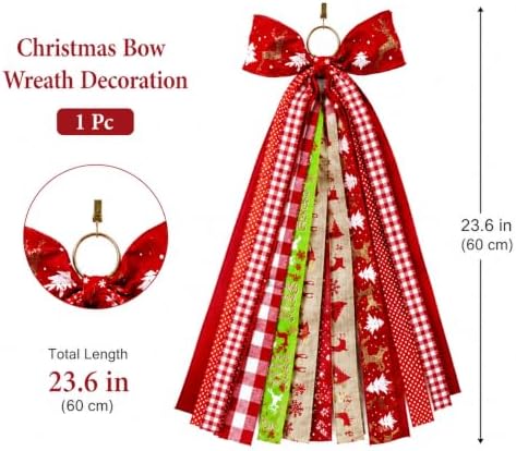 23.6in Christmas Wreath Bow Plaid Ribbon Door Swag Decor