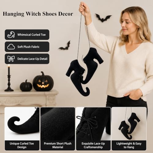 Halloween Witch Shoes Hanging Ornament 3D Witch Boot Decor with 24Pcs Bats