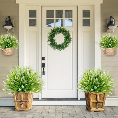 Sggvecsy 24 Bundles Artificial Plants Outdoor Faux Lavender Flowers Fake Monkey Grass UV Resistant Plastic Greenery Plants for Garden Home Porch Window Patio Hanging Planter Indoor Decor (White)