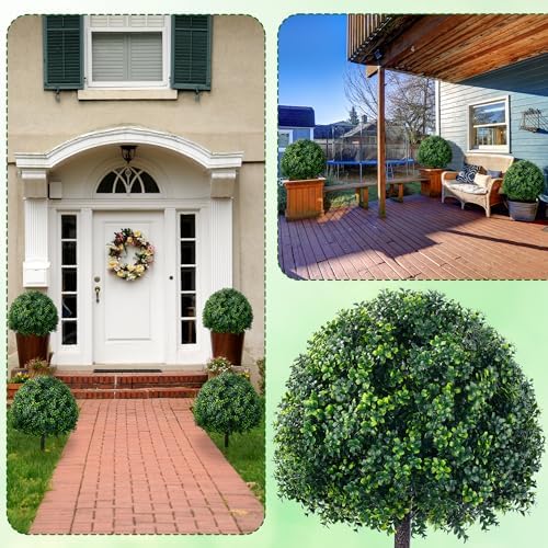 24'' Artificial Boxwood TopiaryTree, Faux Boxwood Plants Shurbs with Spike, 2 Set Topiary Ball Tree Waterproof UV Resistant Fake Pot Filler Plants for Planter Porch Home Outside Garden Spring Decor