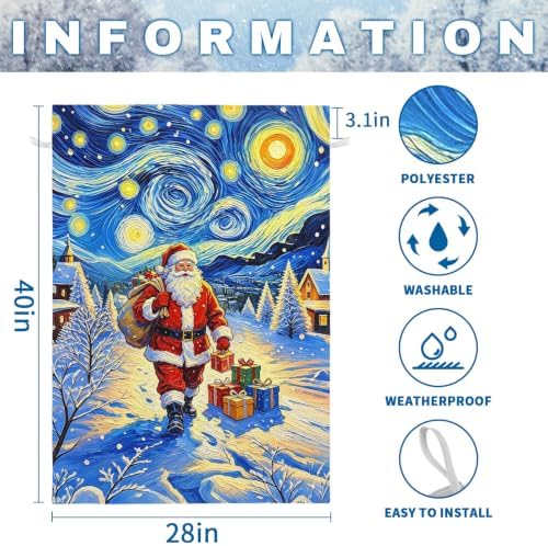 Christmas House Flag Santa Claus Winter Village Xmas Garden Flag Snowy Merry Christmas Night Starry Sky Van Gogh Yard Banner Double Sided for Farmhouse Seasonal Porch Decor 28 x 40 Inch