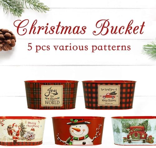 Putuo Decor Christmas Metal Buckets, 5 Pieces Christmas Metal Herb Garden Planter, Christmas Decorations Galvanized Tin Bucket Pails for Party Home Table Centerpieces Decor 7.9" L x 5.2" W x 4.3" H