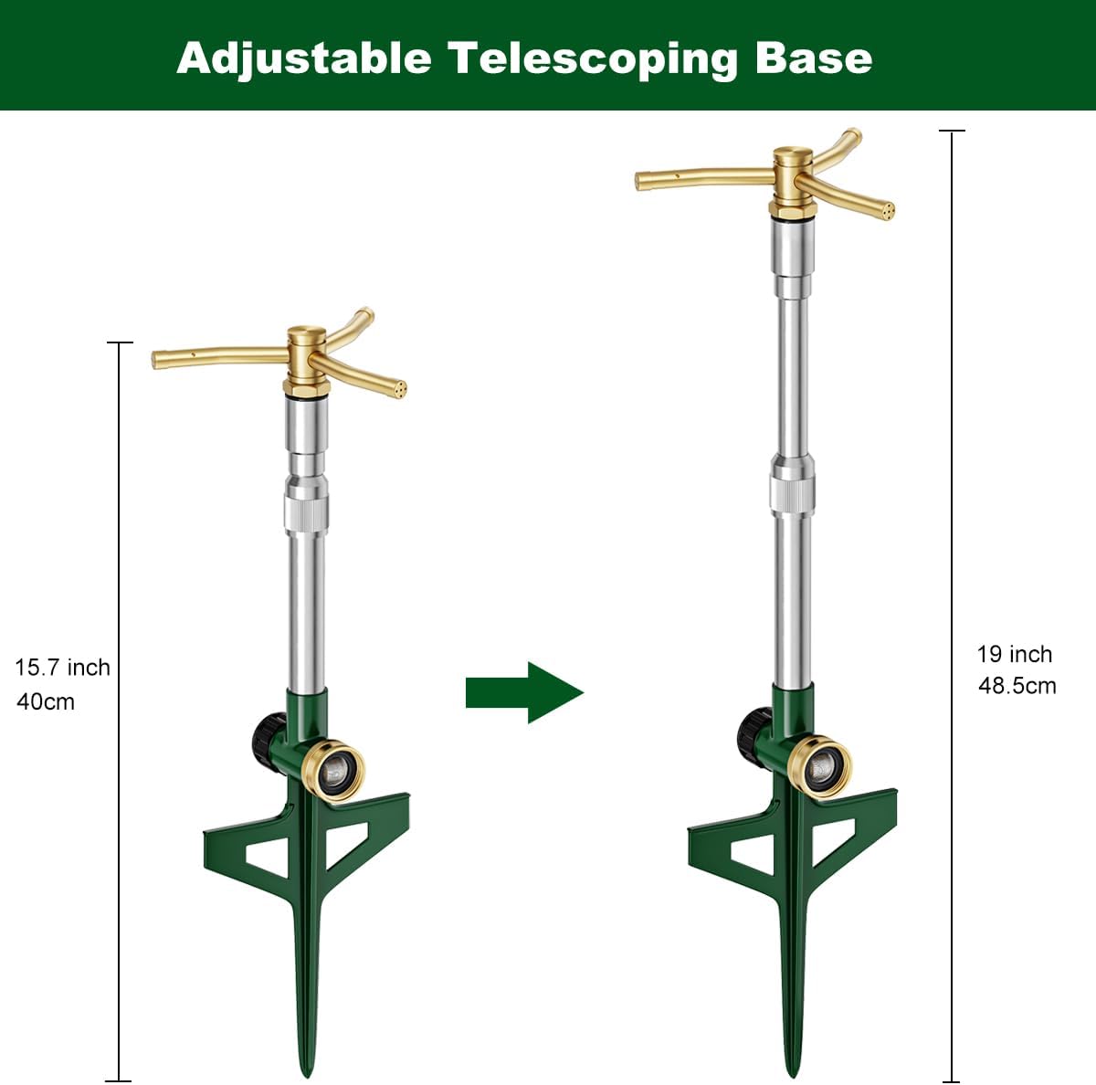 FANHAO 2 Pack Metal Lawn Sprinklers with Adjustable Telescoping Base, 3-Arm Water Sprinkler 360 Degree Rotation