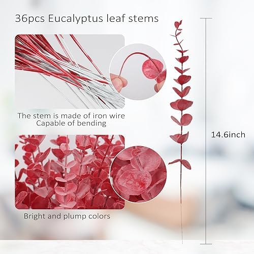 RECUTMS 36Pcs Artificial Red Eucalyptus Leaves Stems 14.6in Christmas Pick