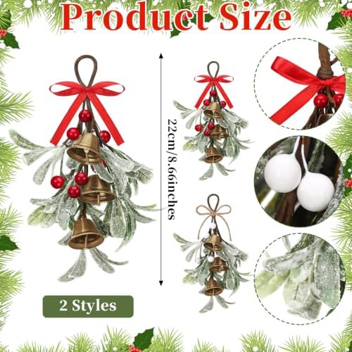 Tigeen 2 Pcs Christmas Mistletoe 3 Bells Bow Hanging Ornament, Red,White
