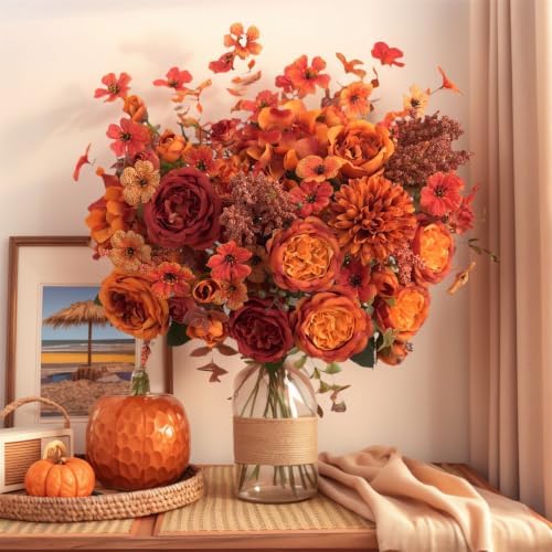 Mixed 8pcs Fall Artificial Peony Hydrangea Bouquet, Burnt Orange Red Silk Faux Flower, Autumn Faux Floral Arrangements for Wedding Table Thanksgiving Outdoor Planters Porch Patio Garden Yard