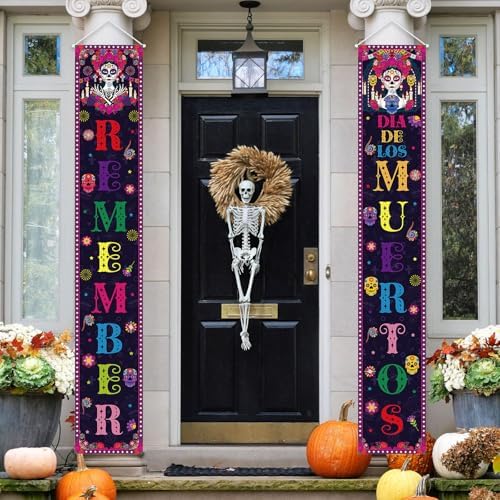 Dia De Los Muertos Porch Banner Sign Day of The Dead Door Decorations Sugar Skull Hanging Banner for Indoor Outdoor, 12 X 71 Inch