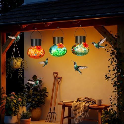 Nuogo 3 Pcs Blown Glass Hummingbird Feeder Gift Solar LED, Color A, Classic