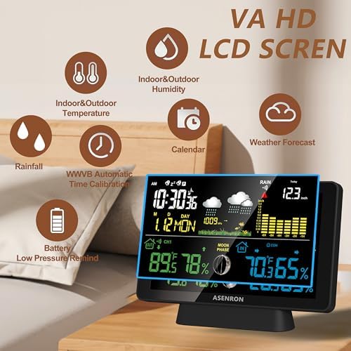 Weather Station with Rain Gauge, Home Weather Stations Wireless Indoor Outdoor with Rain Gauge, Thermometer, Barometric Pressure, Humidity Monitor, Atomic Clock, Digital Weather Forecast and Alerts