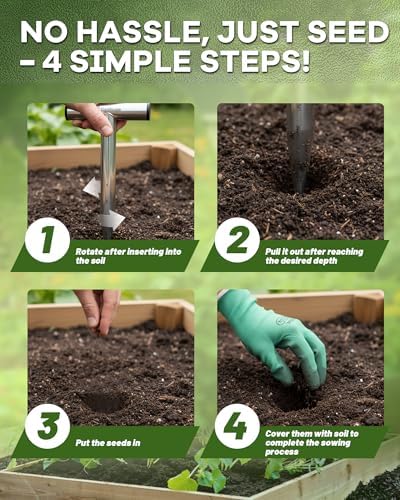 Stainless Steel Hand Dibber with Depth Markings & T-Handle, Rust-Resistant Bulb Planter Tool for Seeds, Seedlings & Bulbs – Ergonomic Design for Garden & Lawn