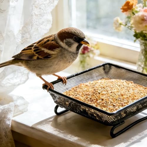 Set of 2 Metal Platform Bird Feeder Tray with 4 Fixed Elastic Rope for Outdoor,7 inch Deck Railing Bird Feeder Tray for Balcony, Backyard,Rust Resistant Design for Wild Birds or Squirrels, Square