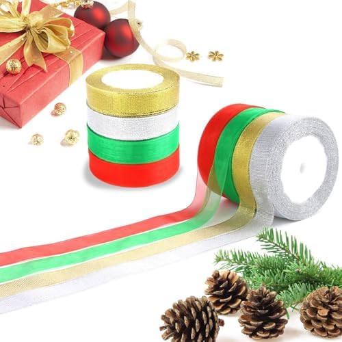 DECYOOL 4Rolls Christmas Ribbon Glitter Fabric Organza for Holiday Gift