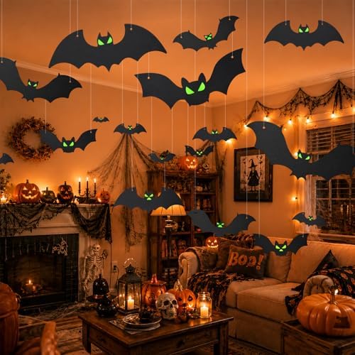 18PCS Bats Halloween Decoration with Glowing Eyes, Hang & Stick Flying Bat