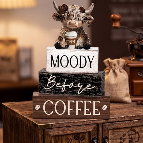 Yousoontic 4 Pcs Coffee Highland Cow Figurine, Rustic Farmhouse Decor