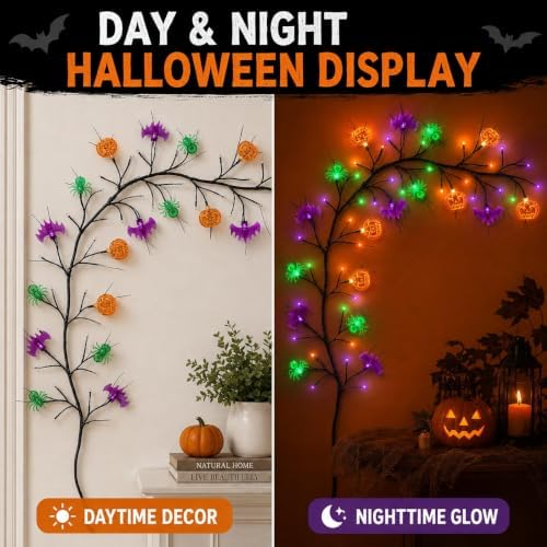 6FT Halloween Willow Vine Lights, 54 LED Bat Pumpkin Spider Branch Decor