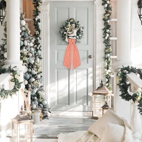2 Pack Wreath Sash for Front Door Boxwood Wreath Sash Garland Front Door Porch Decor(White and Orange Plaid)
