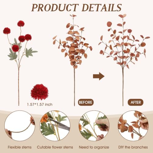 14Pcs Fall Flowers Artificial Fake Silk Pompom Mum with Eucalyptus for Vase