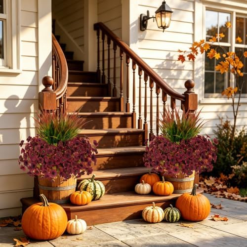 15 PCS Artificial Fall Flowers for Outdoors, Five-Petaled Faux Silk Mums