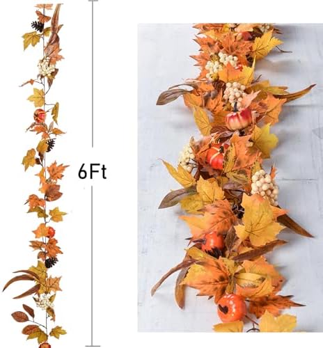 DearHouse Fall Maple Leaves, 6ft Artificial Autumn Foliage Thanksgiving Decor for Home, Wedding, Fireplace, Party, Christmas (Yellow&Brown)