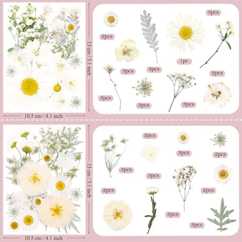 95 Pcs White Pressed Dried Flowers for Resin, Real Natural Bulk Dry Wildflowers Leaves Perfect for Epoxy Molds, DIY Crafts, Home Decor, Soap Candles Jewelry Making