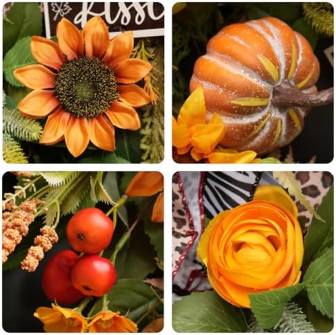 Fall Wreaths for Front Door 24 Inch, Autumn Harvest Wreath with Sunflower