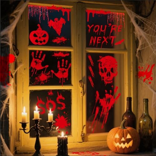 AhfuLife 108Pcs Halloween Window Clings, 9 Sheets Reusable Halloween Blood Handprint Window Stickers Removable Stickers for Kids Home Window Indoor Party Decorations