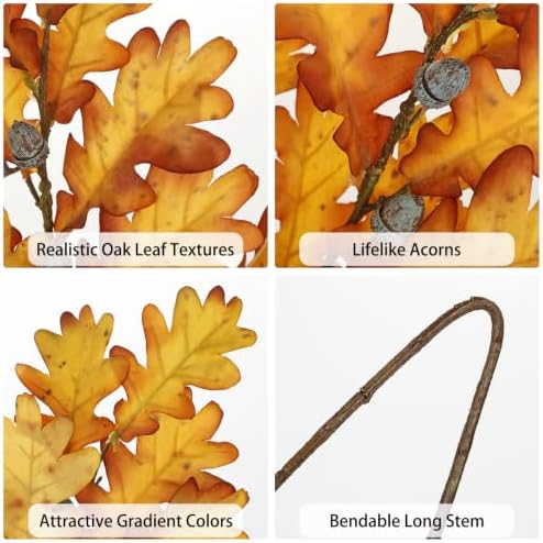 35" Long Faux Oak Leaf Stems with Acorns, 3Pcs Fall Stems for Vase Yellow