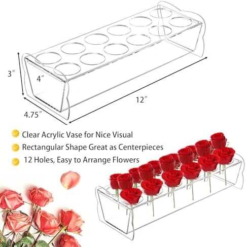 Jucoan 2 Pack Acrylic Flower Vase Rectangular, 12 x 4 Inch Long Low Clear Flower Vases with 12 Holes for Floral Arrangement, Home Office Wedding Party Table Centerpieces Decor
