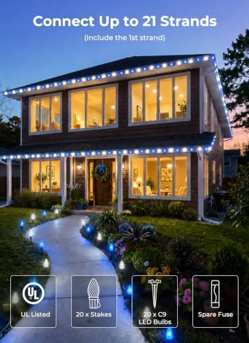 C9 Christmas Lights Outdoor, 26FT 20 LED C9 String Lights with Stakes