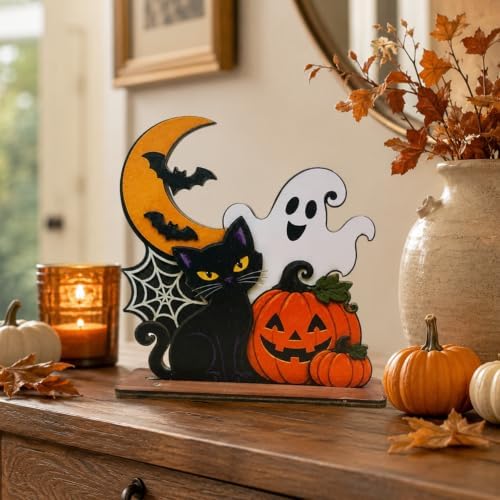 Halloween Wooden Tabletop Decoration, Cute Ghost Pumpkin Black Cat Decor, Spooky Fall Shelf Sign for Home Mantel Desk Office and Halloween Party