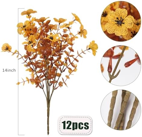RECUTMS 12 Bundles Faux Mums Fake Fall Flowers Artificial Outdoor Plants