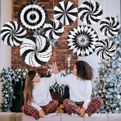 Outus 9 Pcs Black and White Paper Fans Classroom Decorations Candy Paper Fans Peppermint Hanging Candy Cane Ceiling Wall Decor for Halloween Party Back to School Classroom Birthday Party Decoration