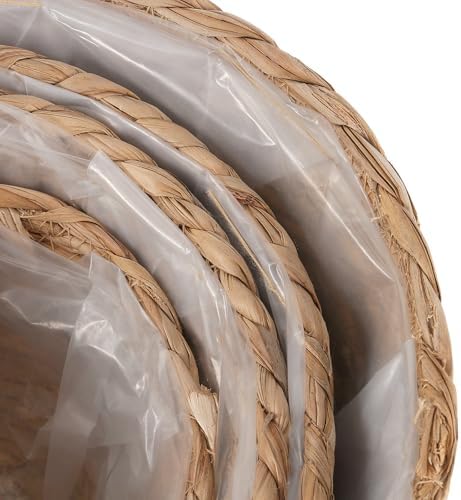 Set of 4 Seagrass Planter Basket, 6" 7" 9" 10" Hand Woven Plant Basket with Waterproof Plastic Liner, Round Natural Flower Pot for Indoor Outdoor Modern Home Decoration, Brown