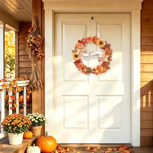 Fall Welcome Wreath Sign Wooden Maple leaves Pumpkins for Front Door