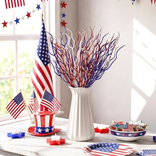Giegxin 16 Pack 17 Inch Red Blue and White Floral Picks No Berries