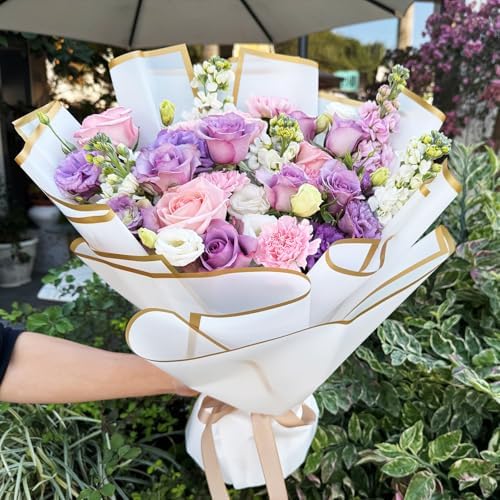 Duyasurs 20 Sheets Floral Wrapping Paper, Waterproof Bouquet Wrapping, 22.8x22.8IN, Florist Supplies Packaging Paper, DIY Gift Box, Wedding & Birthday Gifts, Gold Edge(White)