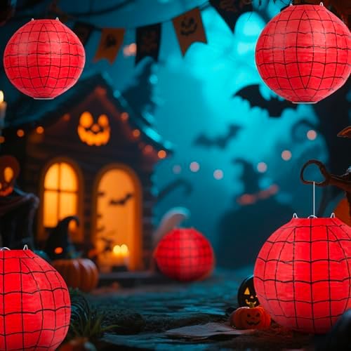 6 Pieces Spider Web Themed Paper Lanterns Decorations - Red Spider Web Party Hanging Supplies for Kids Birthday Party Decorations Supplies