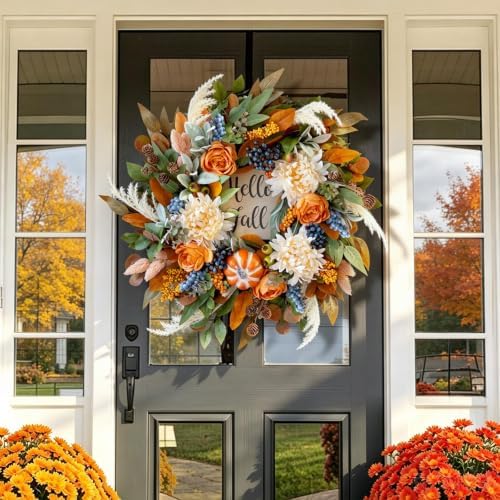 Harvest Fall Wreaths for Front Door 24 Inch Autumn Wreath with Rose&Dahlias