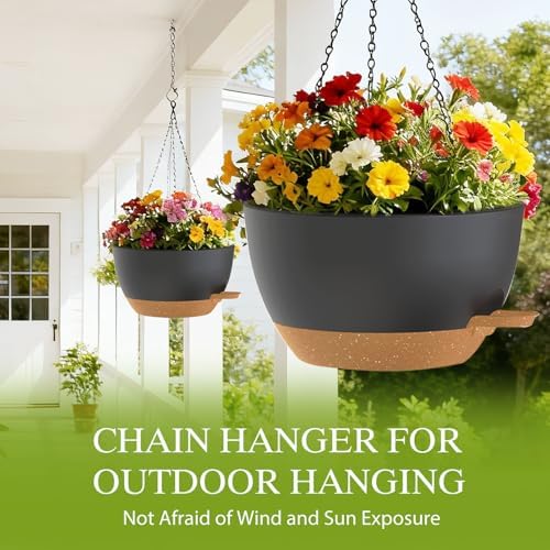 12 Inch Hanging Baskets 2 PC with Chains, Self-Watering Hanging Planters for Indoor Outdoor Plants, Plastic Hanging Flower Pots,Black Brown