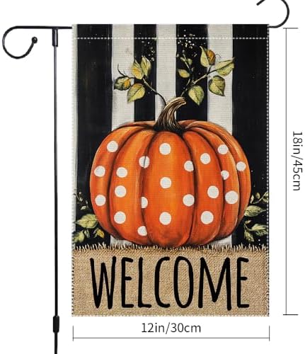 Welcome Fall Garden Flag Polka Dots Pumpkin Thanksgiving Garden Flags For Outside Burlap Decor, Double Sided Vertical Autumn Decor Patio Lawn Yard Outdoor Decoration 12x18 Inch