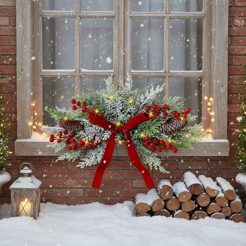Giegxin 24 Inch Christmas Swags with LED Light Artificial Frosted Cedar Swag Decoration with Red Bow Red Berries and Pine Cones for Front Door Window Stair Fireplace Mantle Holiday Xmas Decor