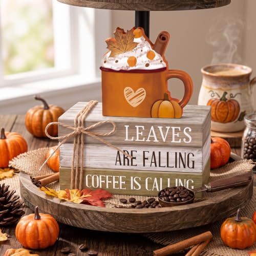 4 Pcs Fall Coffee Table Decorations Fall Tiered Tray Decor Thanksgiving Centerpiece Rustic Wooden Hot Cocoa Cup Maple Leaves Pumpkin Sign for Autumn Harvest Party Coffee Bar Kitchen Home