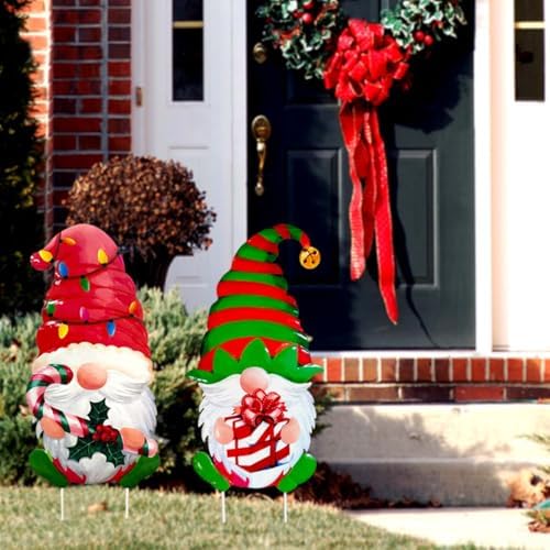 2 Packs Chrismas Decorations Yard Stakes Sign, 23 Inch Metal Gnome Stake, Waterproof Outdoor Decorative Xmas Holiday Outdoor Garden Welcome Signs Yard Lanwn Stake